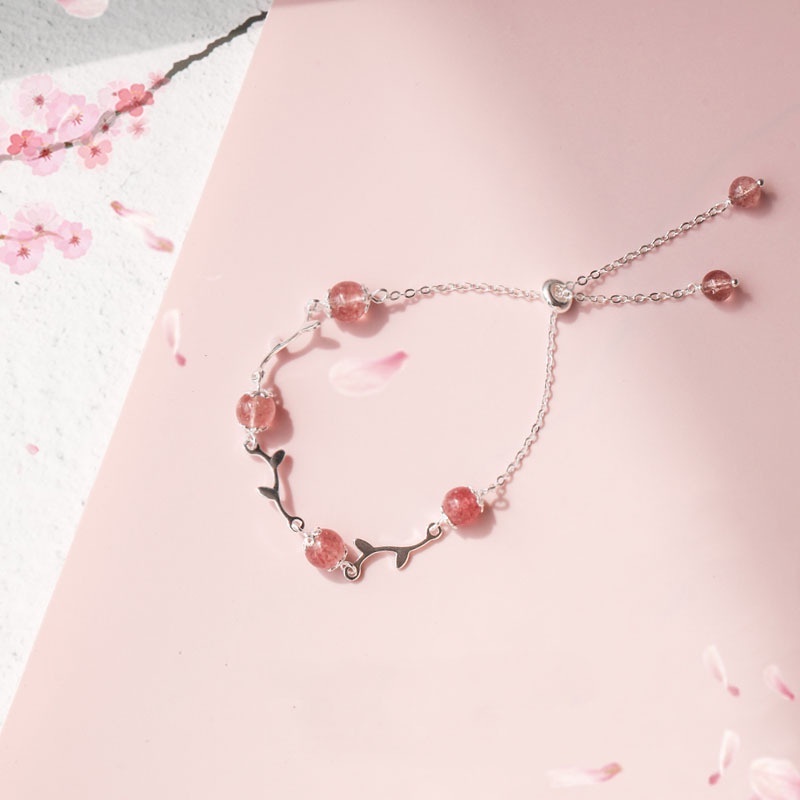 Vòng Tay Bạc Nữ Xinh Xắn Thiết Kế Đơn Giản Đá Hồng Dâu Tây L1774 - Bảo Ngọc Jewelry