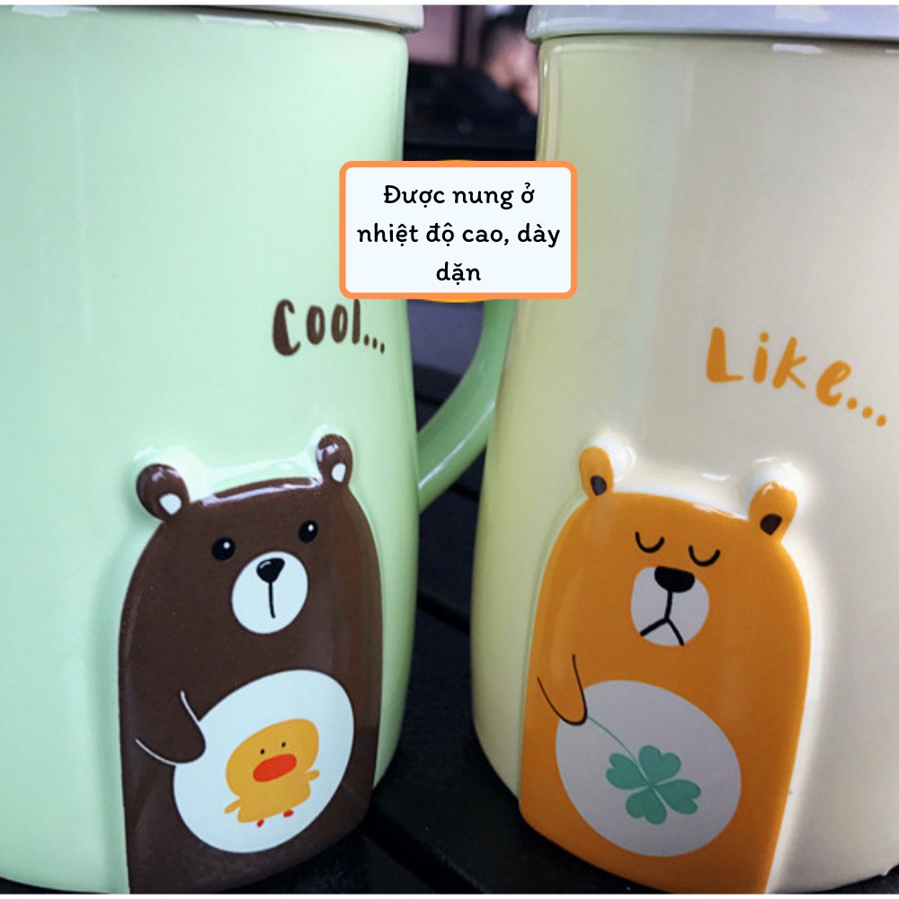Cốc sứ dễ thương hình gấu 450ml, ly sứ có nắp đậy và thìa pha cà phê, pha trà