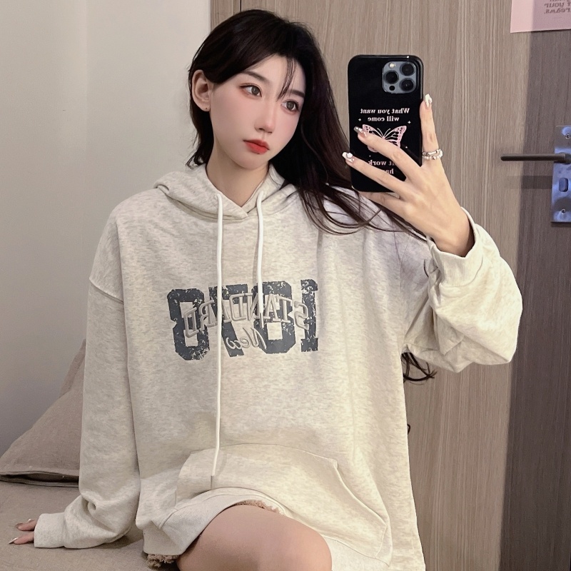 ZHELIHANGFEI Áo Hoodie Tay Dài Dáng Rộng Thêu Chữ Phong Cách Preppy