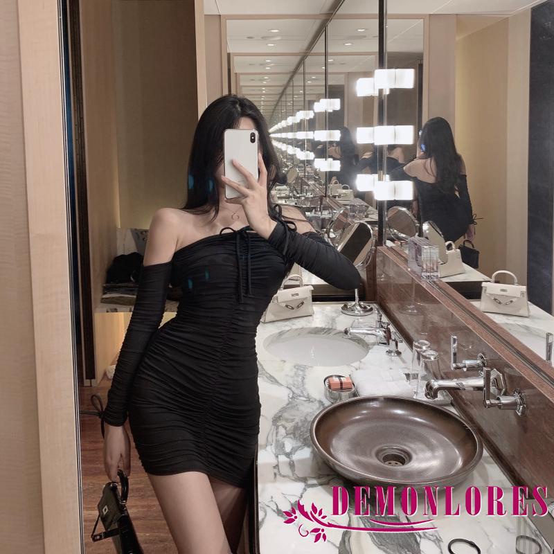 Đầm Tay Dài Trễ Vai Màu Sắc Đơn Giản Cho Nữ