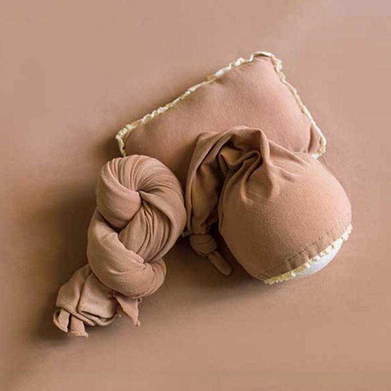 Bộ 3 Món Gồm Khăn Quấn + Mũ Thắt Nút + Gối Cotton Mềm + Gối Dùng Làm Phụ Kiện Chụp Ảnh Cho Bé Sơ Sinh