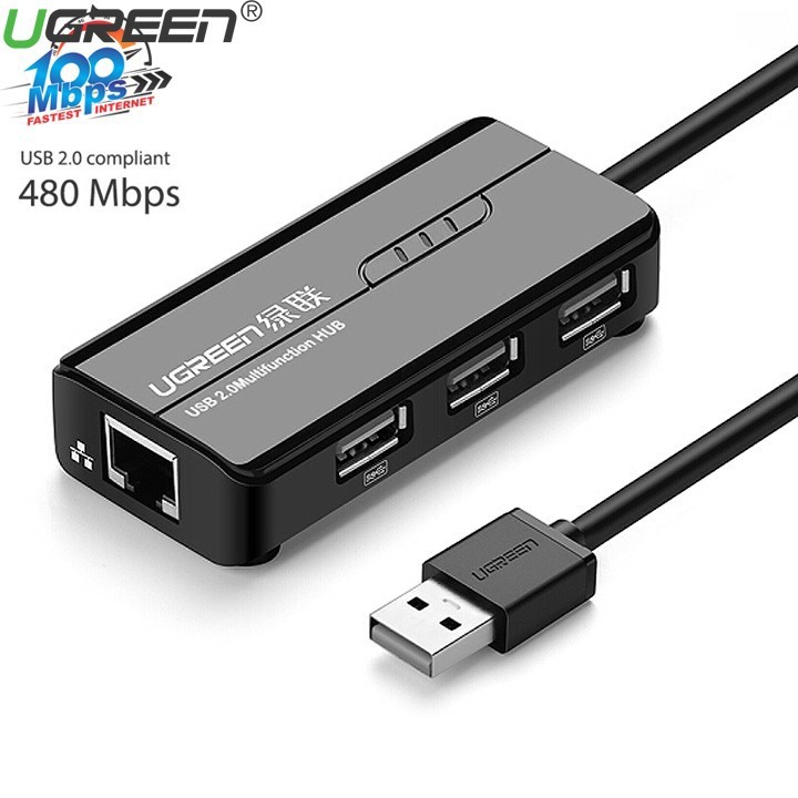 Cáp chuyển USB 2.0 sang LAN+3 cổng USB Cao Cấp Ugreen 20264 RC103 Chính Hãng màu đen