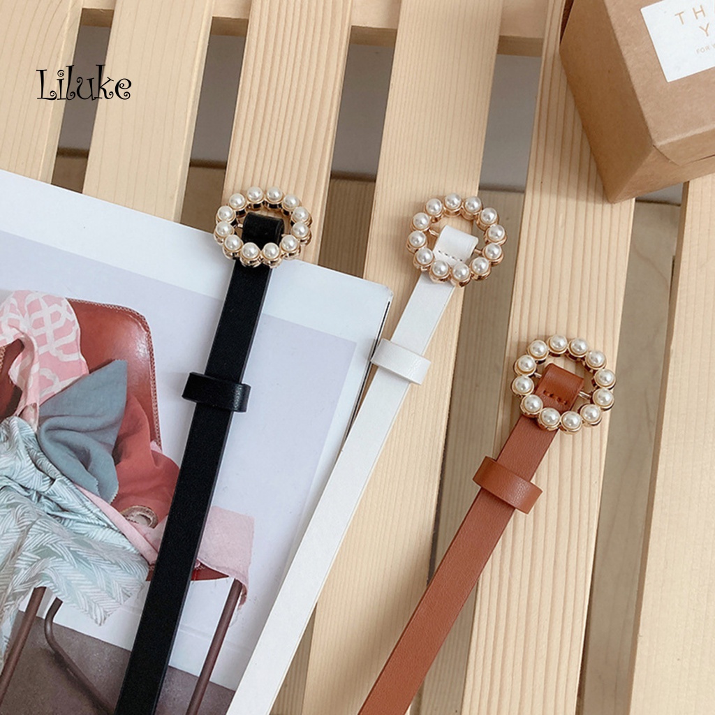 Thắt Lưng Dây Mảnh Giả Da Trang Trí Khóa Tròn Đính Ngọc Trai Xinh Xắn