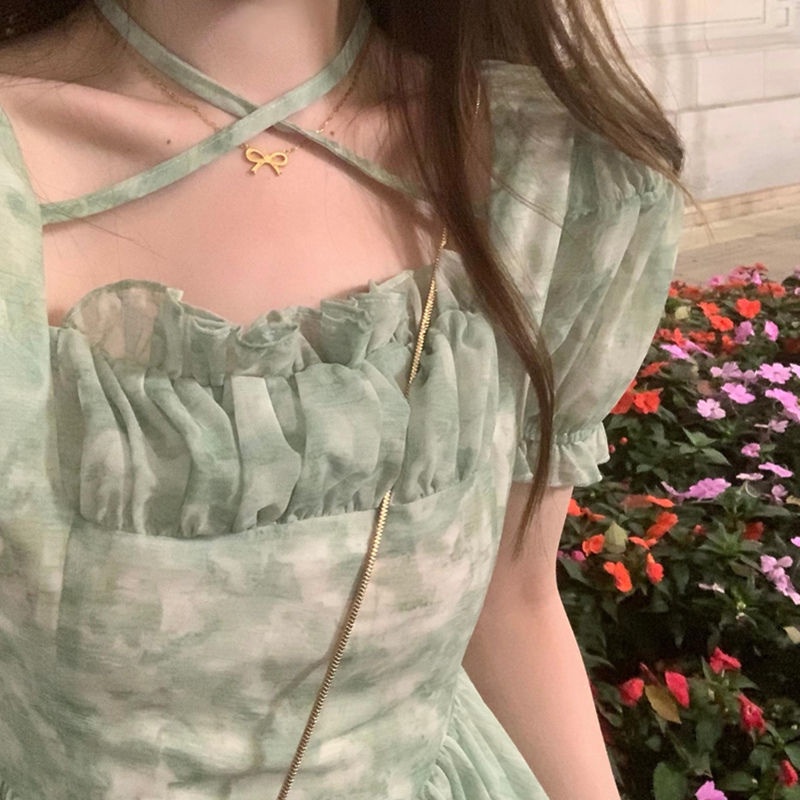 Đầm Voan Tay Phồng Cổ Vuông Họa Tiết Hoa Thiết Kế Bất Đối Xứng Thời Trang Pháp