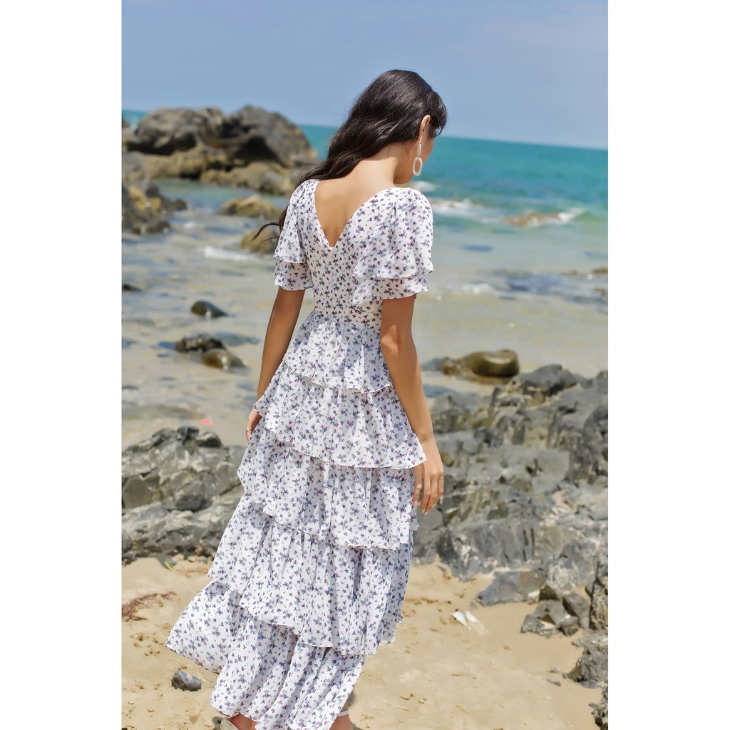SÒ VINTAGE - NAVIE Đầm hoa cổ tim tay cánh tiên xếp tầng | BigBuy360 - bigbuy360.vn