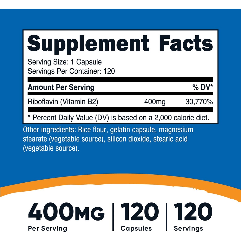 Nutricost Viên uống bổ sung vitamin B2 Riboflavin 400mg cung cấp năng lượng, giảm mệt mỏi 120 viên