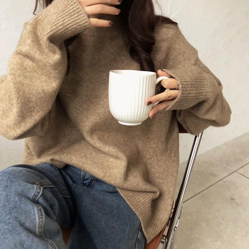 Áo len nữ cổ tròn dáng rộng phong cách Nhật Bản thiết kế đơn giản