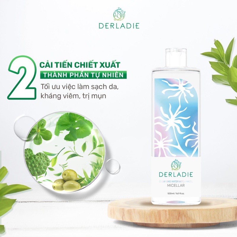 Nước tẩy trang làm sạch, ngừa mụn trên da Derladie Cleansing Water Witch Hazel