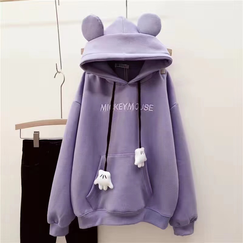Áo hoodie dáng rộng hình tai gấu dễ thương bằng lông cừu tay dài kiểu thu đông cho nữ | BigBuy360 - bigbuy360.vn