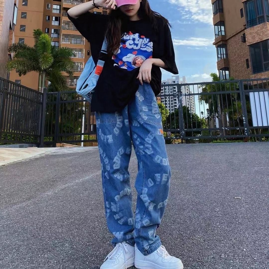 < Su-mi. vn > Quần Jean Nữ Ống Rộng In Chữ Bán Chạy Phong Cách Hip Hop Retro Dễ Phối Đồ