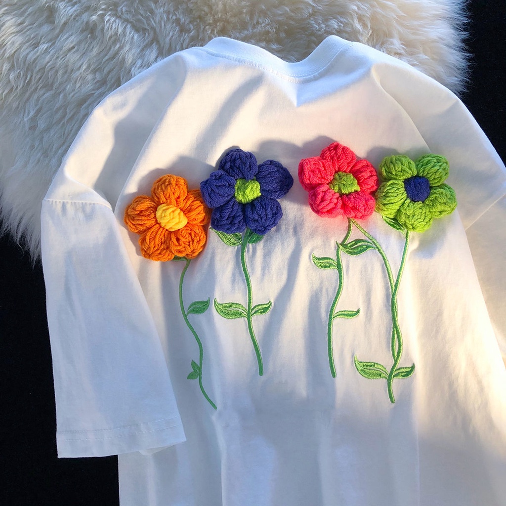 Áo Thun Ngắn Tay In Họa Tiết Hoa Nhỏ Màu Xanh Dương Phong Cách Âu Mỹ Thời Trang Mùa Hè 2022