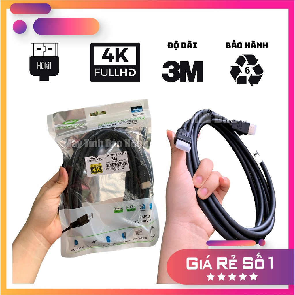 Dây Cáp HDMI dài 3m chuẩn 4k -  2 đầu HDMI dùng cho máy tính, ti vi,... - Bảo Hành Chính Hãng - Máy Tính TT