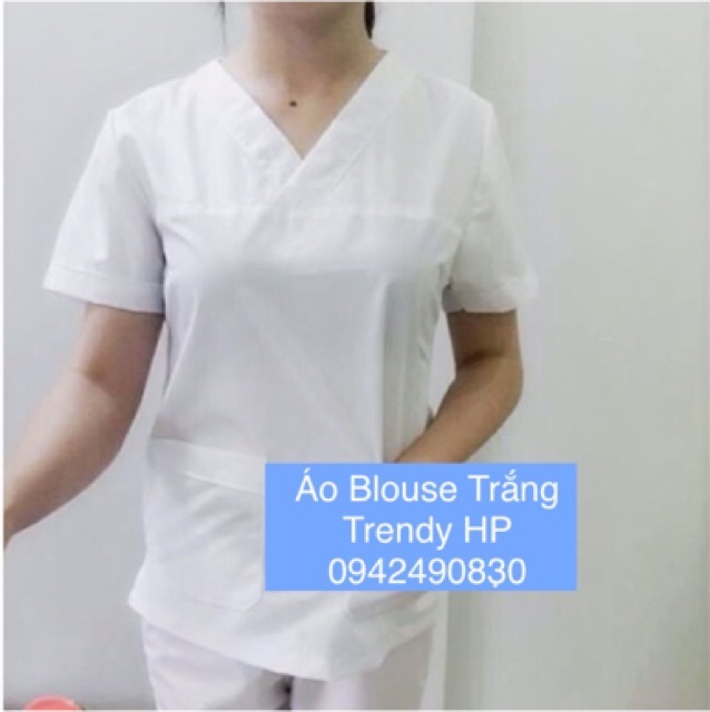 Áo blu cổ tim trắng nam nữ - áo blouse trắng y tá ngắn tay nam nữ cổ chữ v