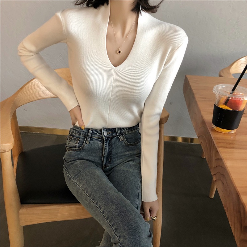 Áo sweater ZHELIHANGFEI dệt kim tay dài cổ chữ V phong cách phương Tây