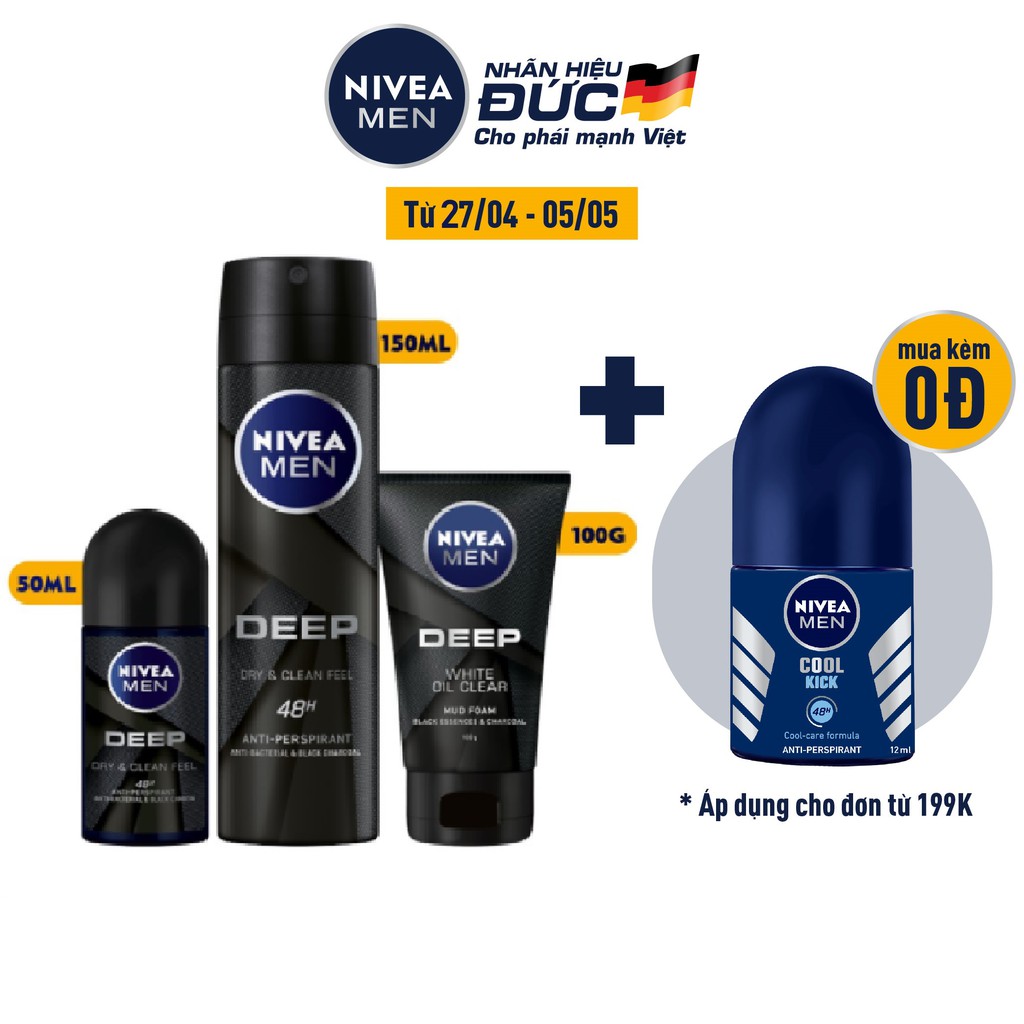 Bộ 3 NIVEA MEN Deep than đen hoạt tính (Xịt khử mùi 150ml + Lăn khử mùi 50ml + Sữa rửa mặt 100g) 80027+80031+84415 | BigBuy360 - bigbuy360.vn