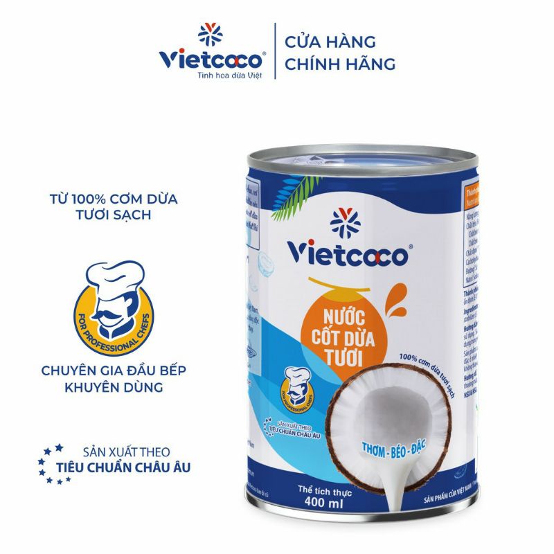 Nước cốt dừa tươi Vietcoco lon 400ml, sạch thơm béo đặc