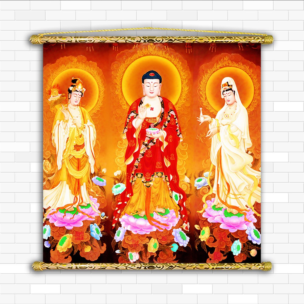Tranh Liễn Phật Giáo - Tây Phương Tam Thế Phật – Vải canvas cao cấp nẹp sáo gỗ tự nhiên