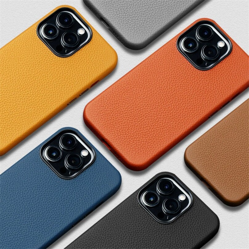 Ốp Điện Thoại Da Bò Thật Đế Sạc Không Dây Nam Châm Cho iPhone 14 Pro Max 12 Pro 13