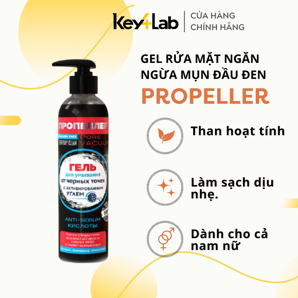 Gel rửa mặt than hoạt tính, NGỪA MỤN ĐẦU ĐEN Propeller Nga làm sạch sâu da 250ml Key4 Lab