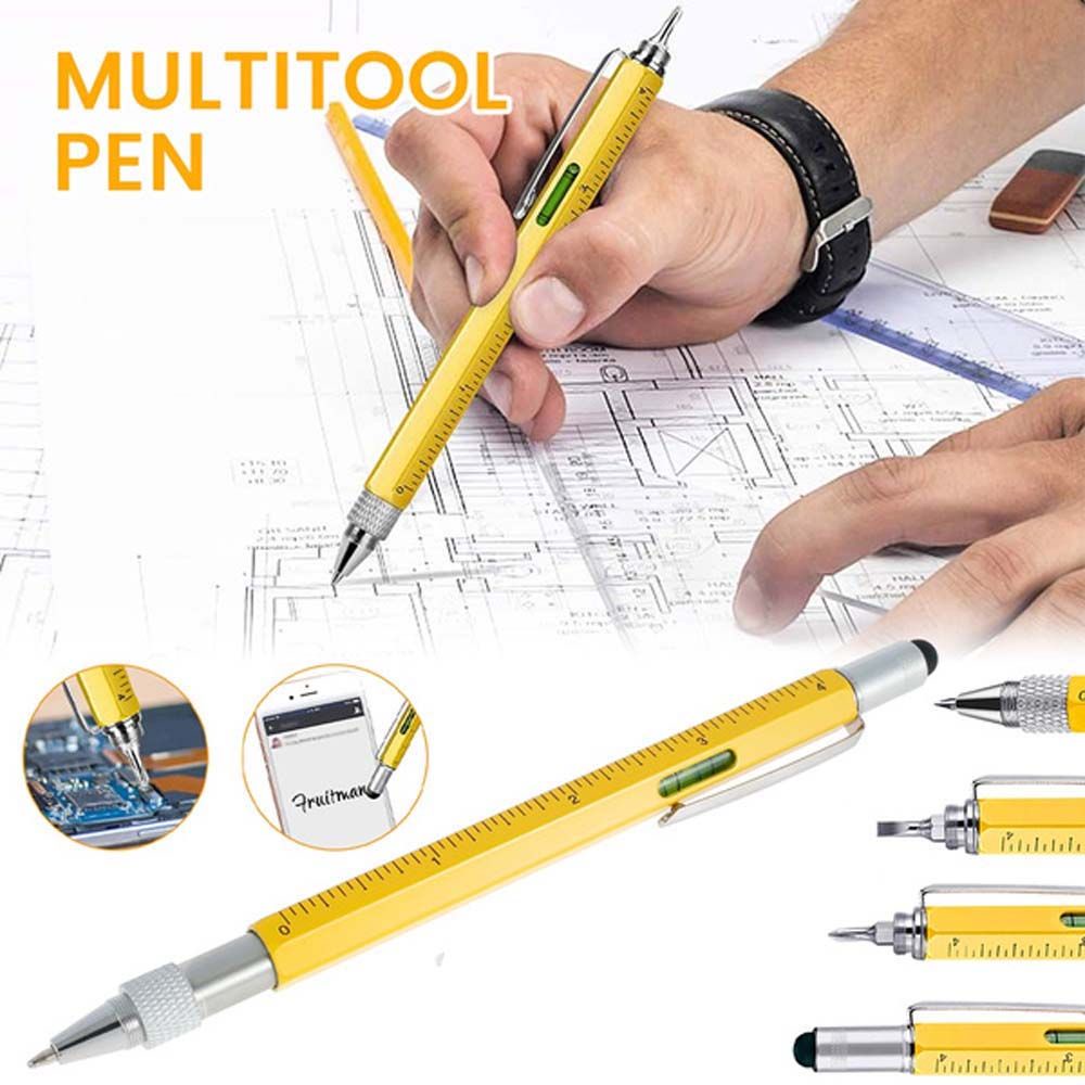 Bút bi tua vít 6 trong 1 lưỡi dẹt bắt chéo với thang đo hệ mét kiêm bút cảm ứng bằng nhôm đa năng dành cho điện thoại