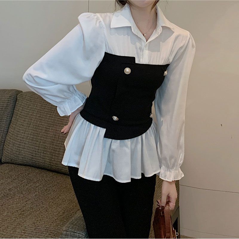 Áo Sơ Mi Kiểu Mix Niche Pháp Tay Xòe Cách Điệu Xuân Hạ Thu Đông