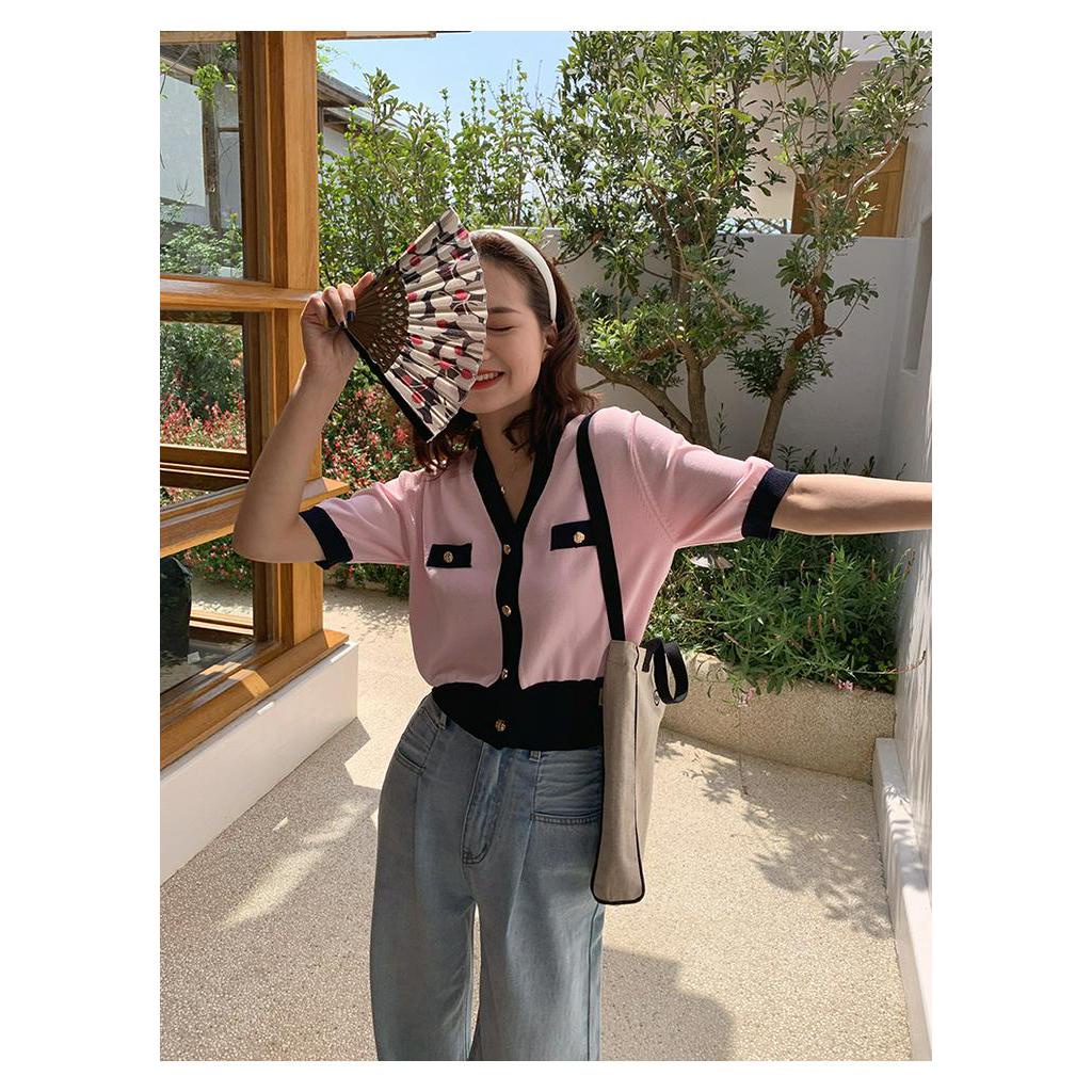 Áo dệt kim SUXI tay ngắn ôm dáng cổ V gợi cảm thanh lịch cho nữ