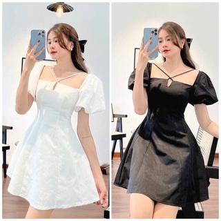 Đầm chéo dây tay phồng 2 màu (kèm hình thật)