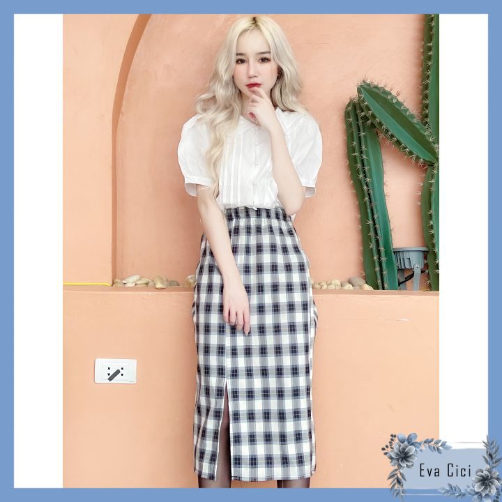 {EVACICI} Chân váy bút chì kẻ xẻ tà 2 lớp dáng dài, chân váy dài kẻ xẻ vạt (Ảnh thật mẫu nhà mình tự chụp tự quay) | BigBuy360 - bigbuy360.vn