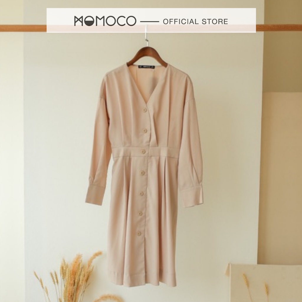 Váy Thiết Kế Xòe Cổ Tim MOMOCO Vạt Chồng Đai Eo Màu Be Chất Tuýt Si Mềm Mịn M2572