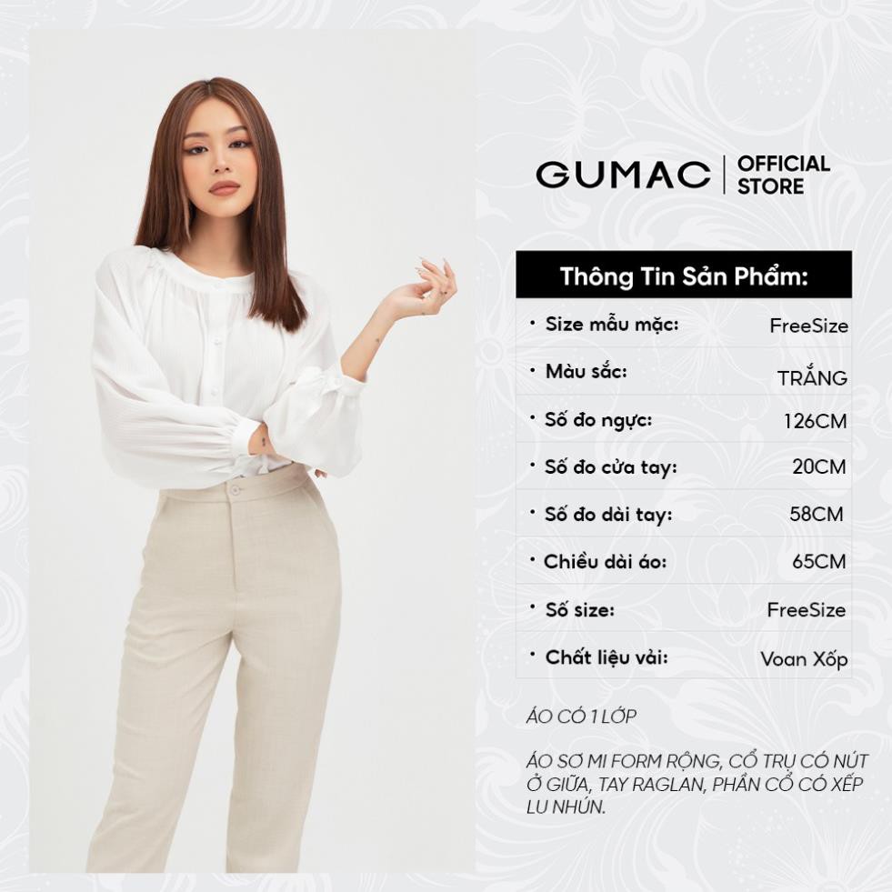 Áo sơ mi nữ cổ trụ GUMAC màu trắng trơn thanh lịch AB495 ༷