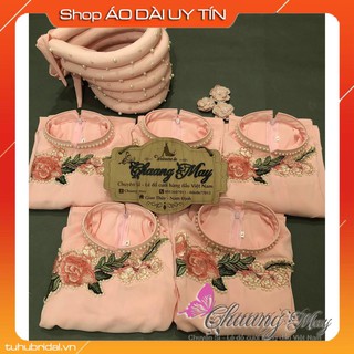 Áo dài truyền thống cổ 2cm màu hồng cam sữa đính ren viền hạt kèm quần