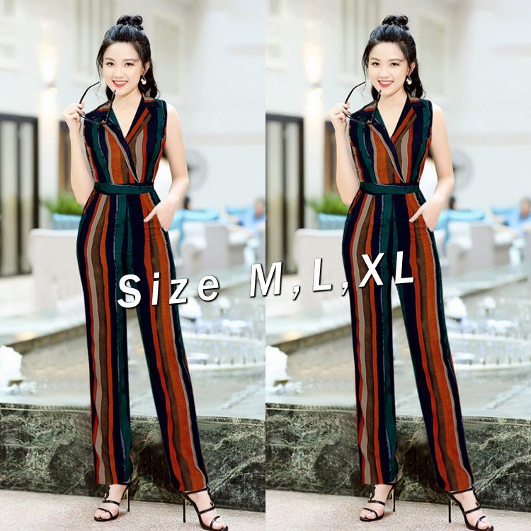 Jumpsuit sọc dài ống suông cổ vest cột dây thiết kế cao cấp