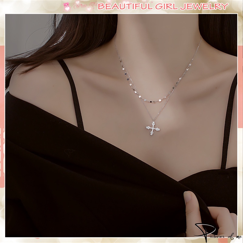 Vòng cổ Hai Lớp Mặt Thánh Giá Đính Đá Lấp Lánh Phong Cách Sang Trọng Thời Trang Mới 2022