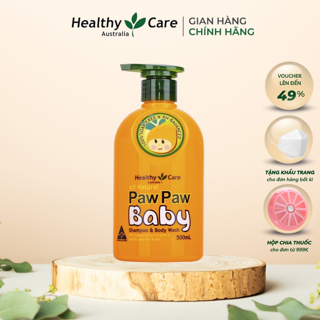 Sữa Tắm Trẻ Em 2in 1 Paw Paw Baby Healthy Care Úc Chiết xuất vitamin lành tính làm sạch, bảo vệ da (500ml)