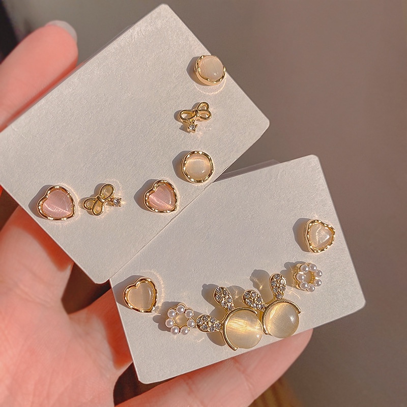 Bộ Sáu Khuyên Tai Đính Đá Opal Hàn Quốc Dễ Thương Hình Học Cho Nữ