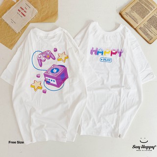  Áo Thun Nam Nữ Unisex Form Rộng Tay Lỡ In Chữ HAPPY PLAY Say Happy