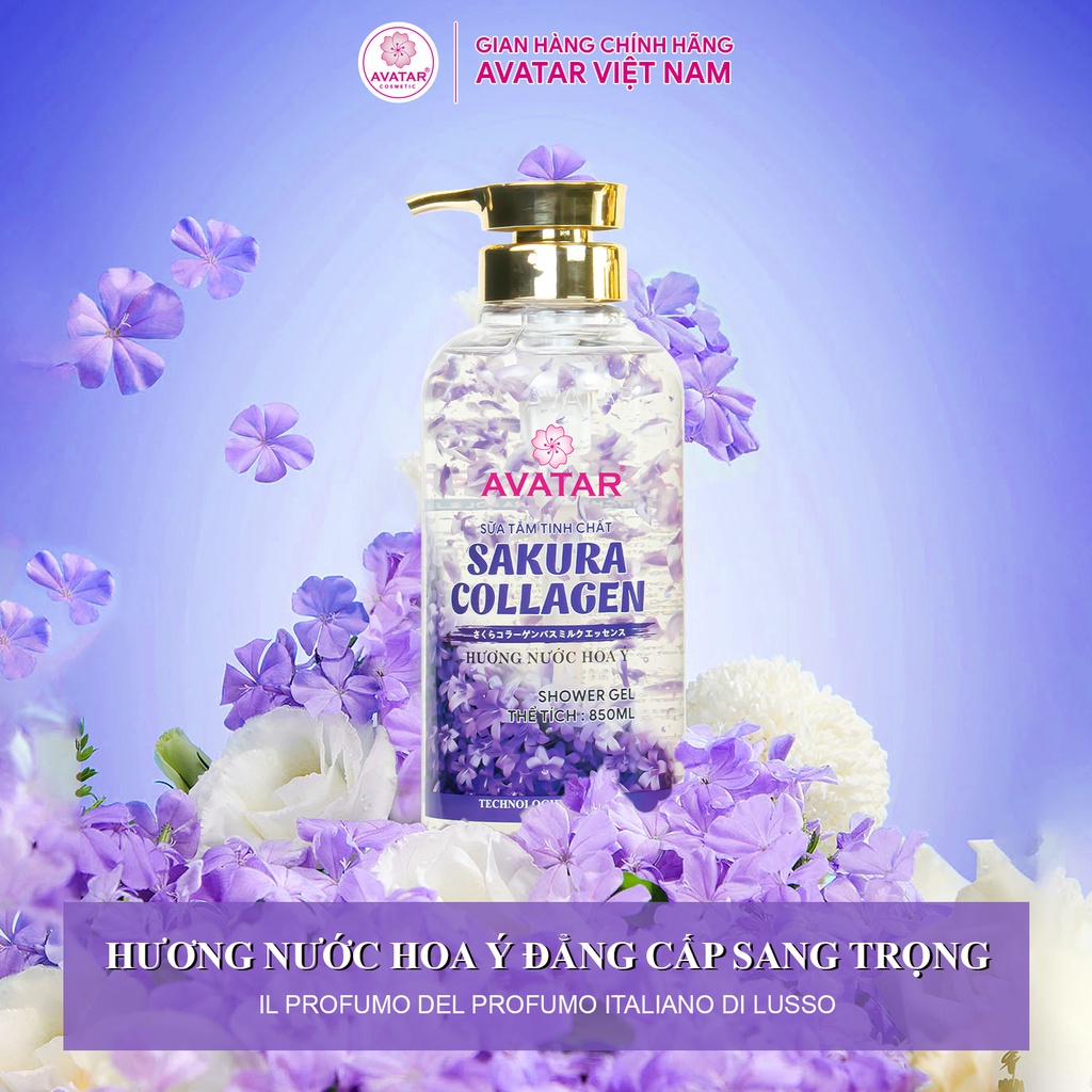 Sữa Tắm Sakura Avatar Tinh Chất Collagen Hương Nước Hoa Ý Phục Hồi Da , Chống Lão Hóa, Trắng Da 850ml (Hoa Tím)