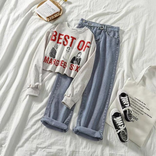 Set Quần Áo Skinny Jean Lưng Cao Màu Xanh Nhạt Theo Phong Cách Hàn Quốc [ có bán lẻ ]