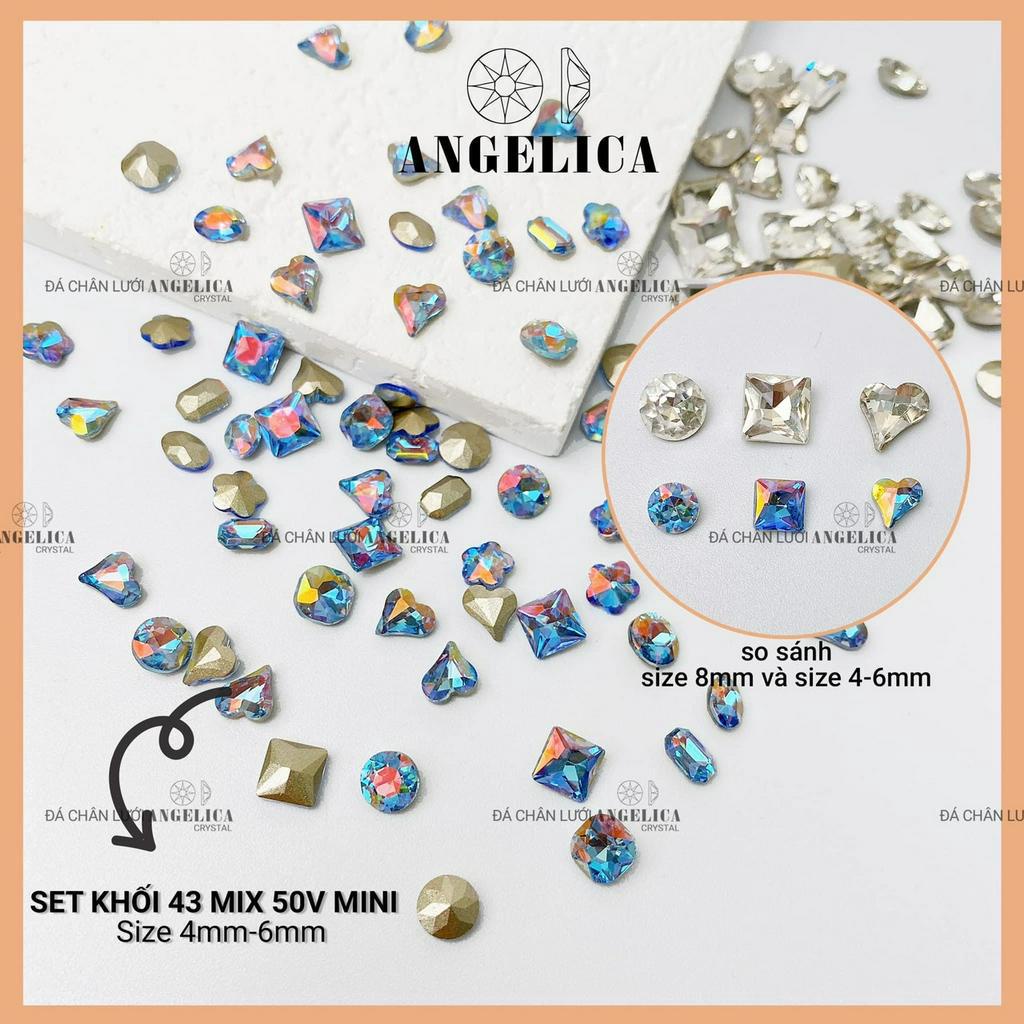 Set đá khối chân nhọn 50 viên mini mix size màu trắng, trà, 7 màu, ab ánh xanh, phụ kiện ngành nail