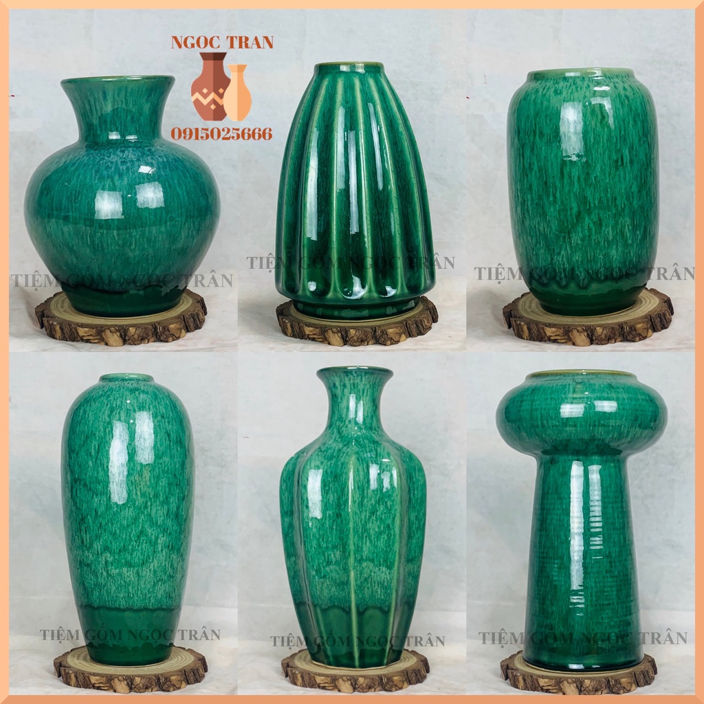Bình gốm lọ hoa gốm men hoả biến màu xanh rêu-góm sứ Bát Tràng-tiệm gốm Ngọc Trân
