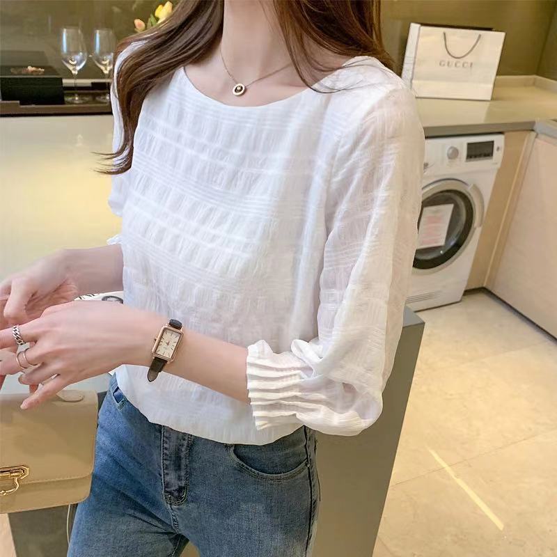 Áo Sơ Mi Chiffon Tay Lửng Cổ Tròn Màu Trơn Thời Trang 2022
