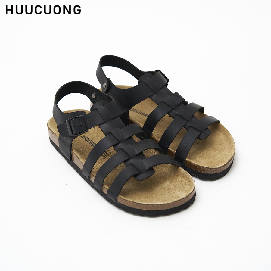 Giày sandal unisex chiến binh HUUCUONG Quai Da Thật Màu Đen Đế Trấu