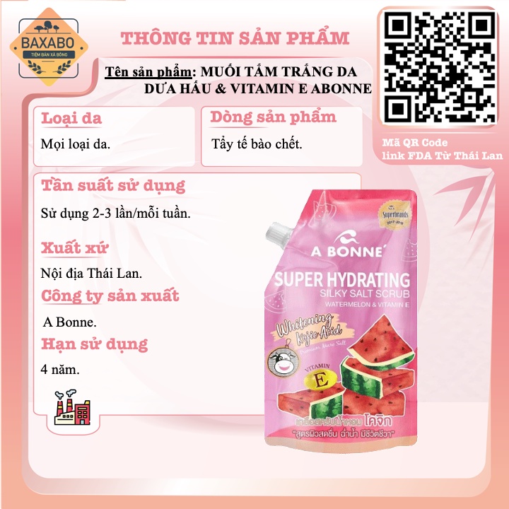 MUỐI TẮM CẤP ẨM - TẨY TẾ BÀO CHẾT SUPER HYDRATING - DƯA HẤU && VITAMIN E 350GR  - CHÍNH HÃNG C.A.C THÁI LAN