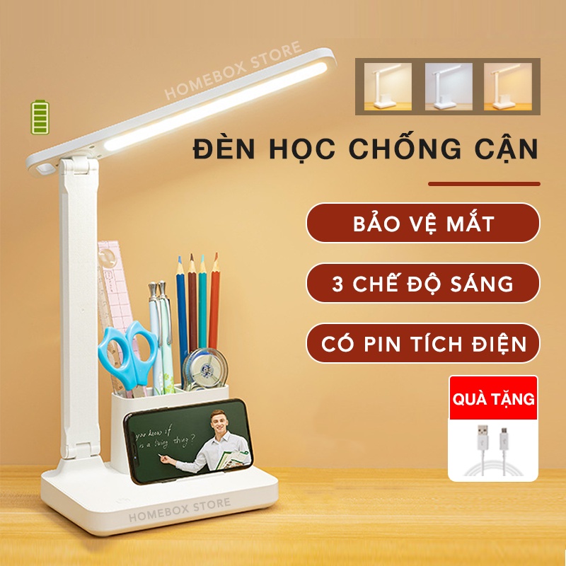 Đèn Học, Đọc Sách - Đèn Bàn Học LED - Chống Cận Thị, Có Pin Tích Điện, Cảm Ứng 3 Màu Ánh Sáng - TẶNG KÈM DÂY SẠC