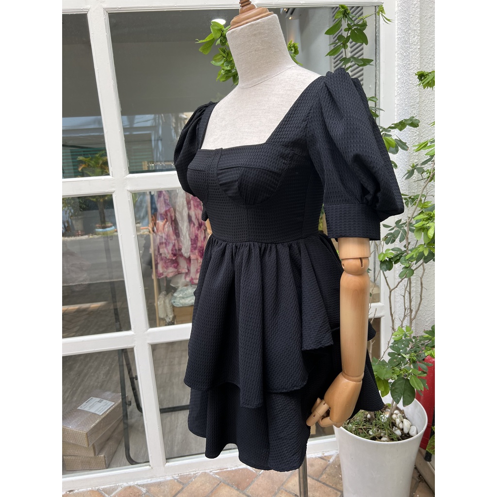 Đầm Đen Dự Tiệc Sang Trọng LOLA VIETNAM Tiểu Thư 2 Tầng Thiết Kế Tay Phồng Cổ Vuông, Váy Lolita DA09