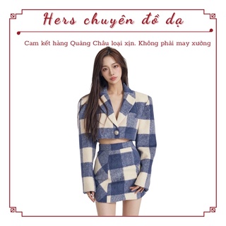 Set len giả lông xanh kẻ sọc áo khoác croptop và chân váy siêu tôn dáng, có video và ảnh thật