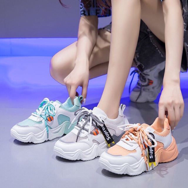 [Mã FASHIONT4WA2 giảm 10k đơn từ 50k] Giày thể thao nữ độn đế dây kép phối 2 màu, giày sneaker nữ phảm quang siu hot