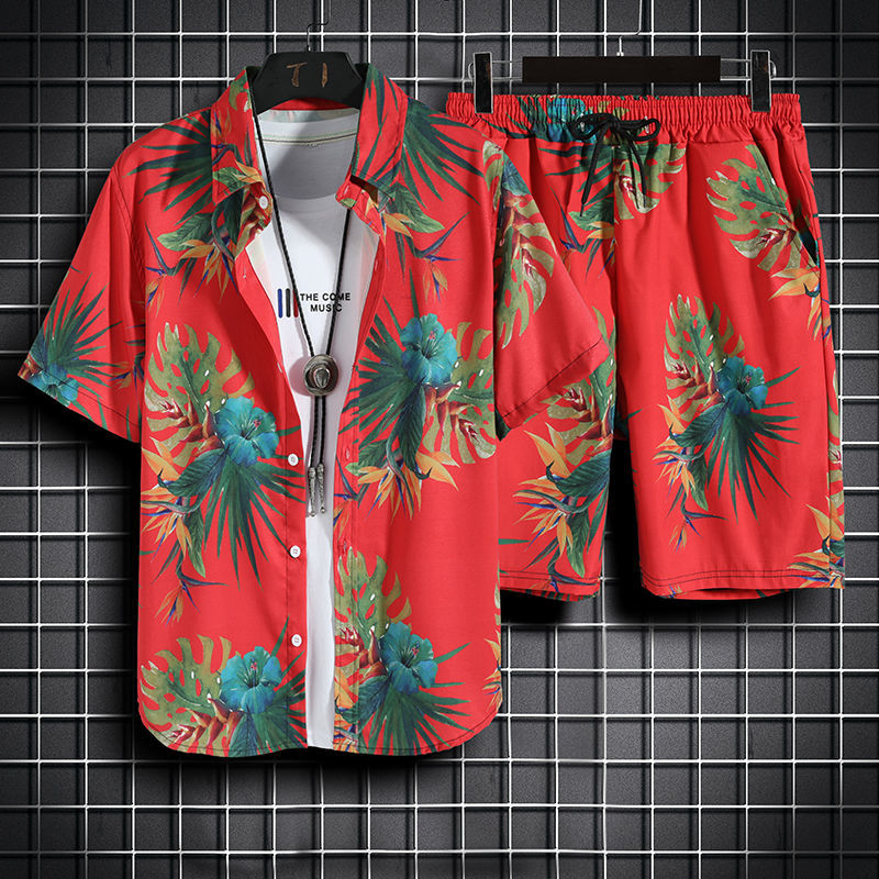 7 colors optional beach shirts suitable for beach travel pants Hawaiian style men's undressed quick-drying normal travel vacation short-sleeved floral shirts 5 points pants plus size clothes