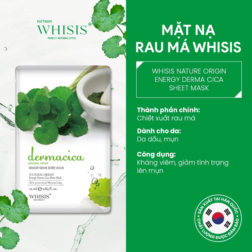 Mặt Nạ Dưỡng Da Rau Má Whisis Nature Origin Energy Derma Cica Sheet Mask Dưỡng Da Trắng Sáng, Tái Tạo Da 25ml