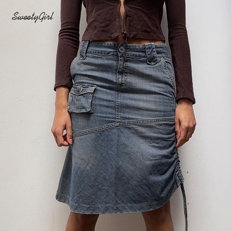 Chân váy jean Lưng Thấp Phối Nút Màu Trơn 2022 Cho Nữ